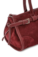 Women's Claret Red Long Strap Suede Leather Handbag | Derimod