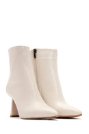 Women's Beige Zippered Thin Heeled Leather Boots | Derimod