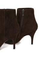 Woman Brown Zip Closure High Thin Heeled Suede Boots | Derimod