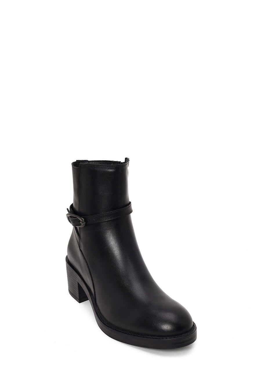 Woman Black Zip Closure Thick-Heeled Leather Boots