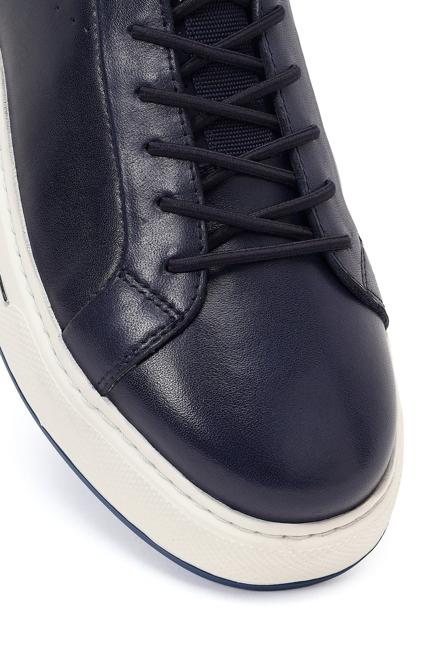 Erkek Lacivert Bağcıklı Kalın Tabanlı Deri Sneaker