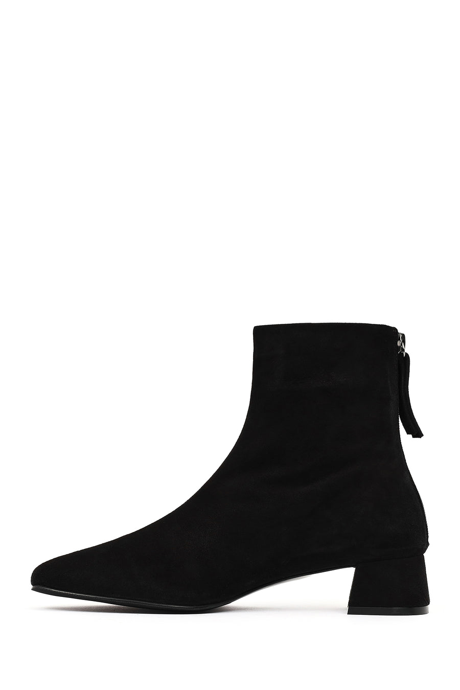 Woman Black Zip Closure Short Thick Heeled Suede Boots