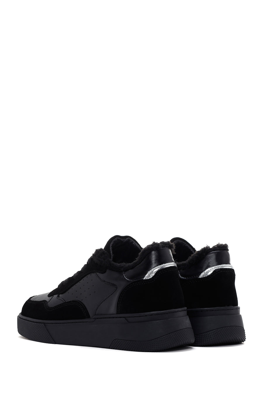Kadın Siyah Kalın Tabanlı Kürklü Deri Sneaker