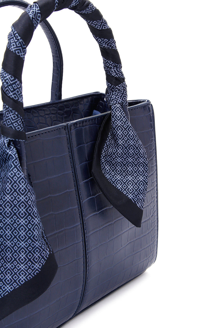Women's Navy Blue Long Strap Crocodile Patterned Handbag with Accessory Detail