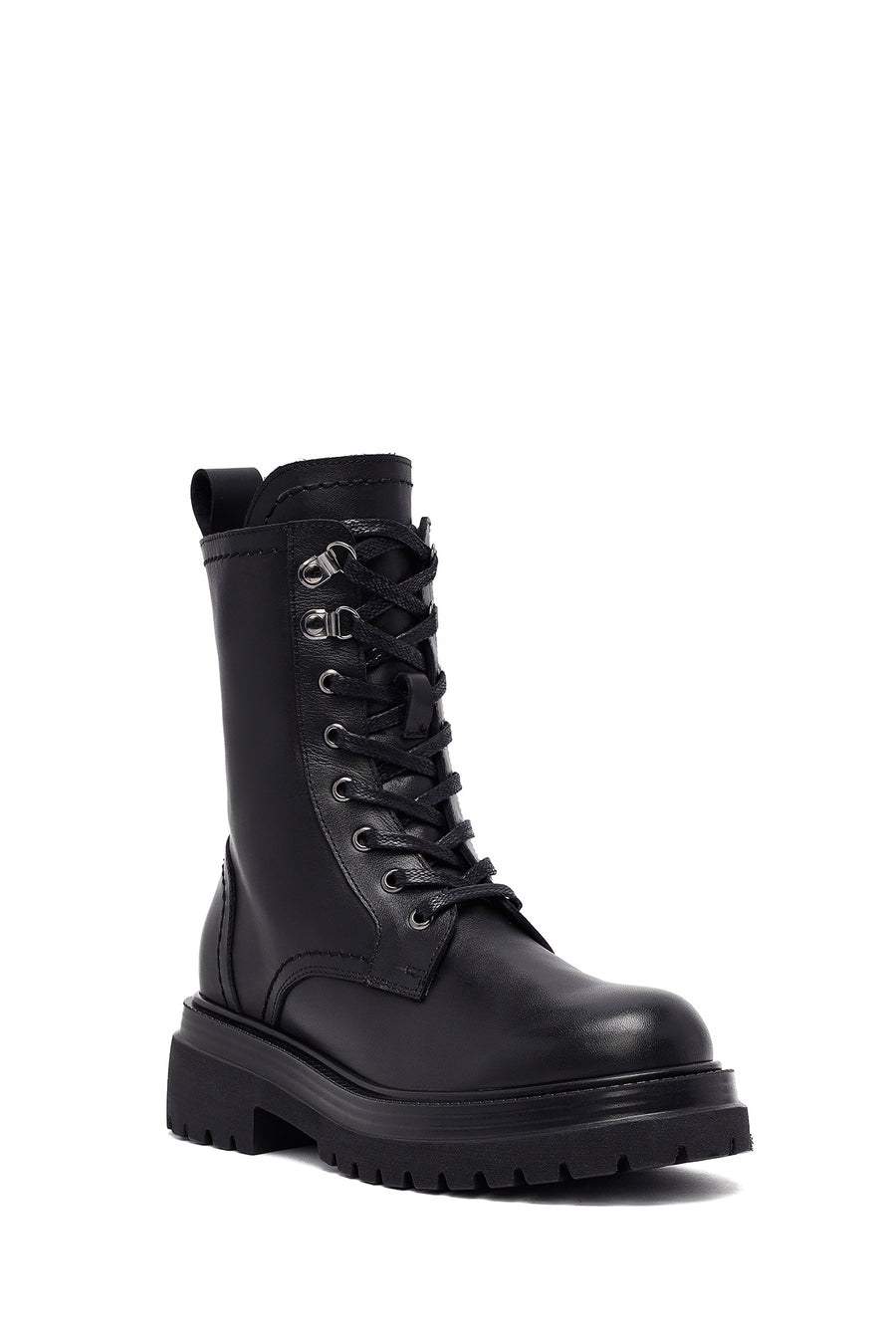 Woman Black Zip Closure Lace-Up Thick-Soled Leather Combat Boots