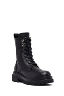 Woman Black Zippered Lace-Up Thick Sole Leather Postal Boots | Derimod