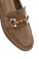 Women's Tan Buckle Detailed Suede Leather Masculine Loafer | Derimod