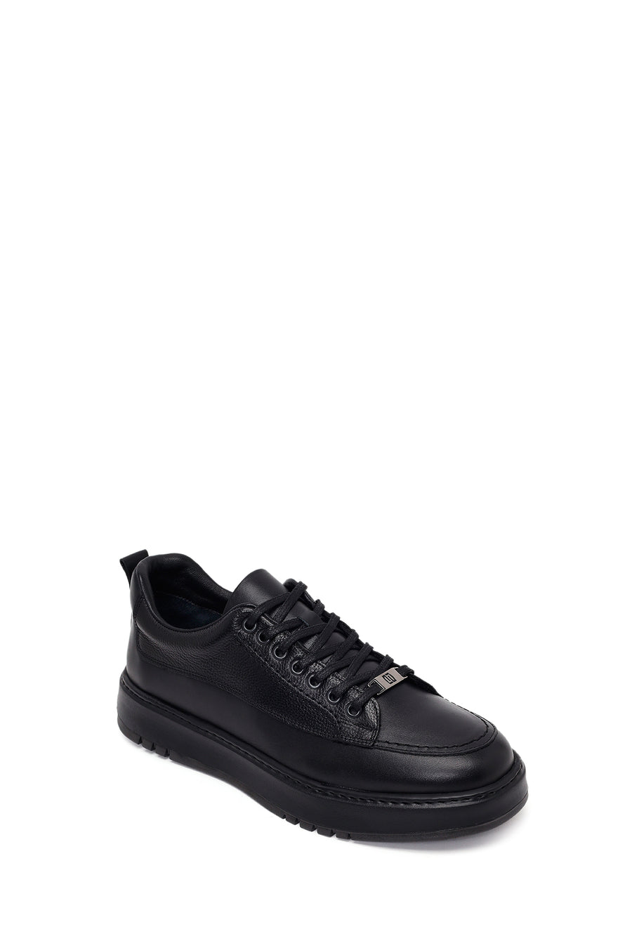 Erkek Siyah Bağcıklı Kalın Tabanlı Deri Sneaker