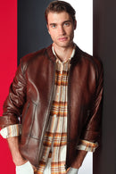 King Men's Brown Stand Collar Leather Jacket | Derimod