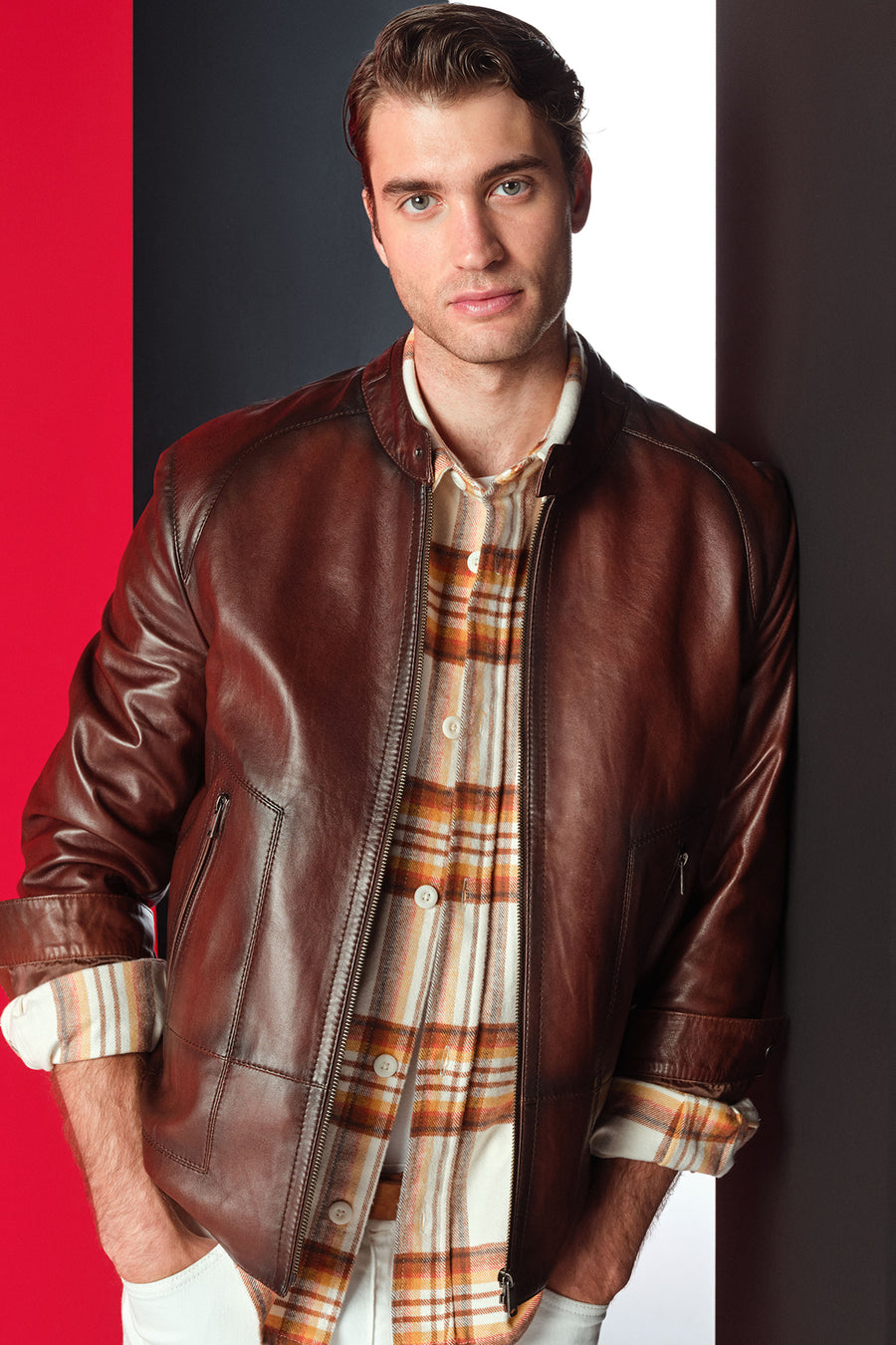 King Men's Brown Stand Collar Leather Jacket