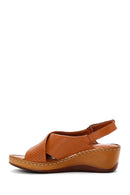 Women's Tan Leather Wedge Heel Comfort Sandals | Derimod