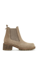 Women's Beige Suede Leather Heeled Chelsea Boots | Derimod