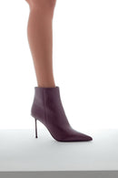 Women's Burgundy Zippered Thin Heeled Leather Boot | Derimod