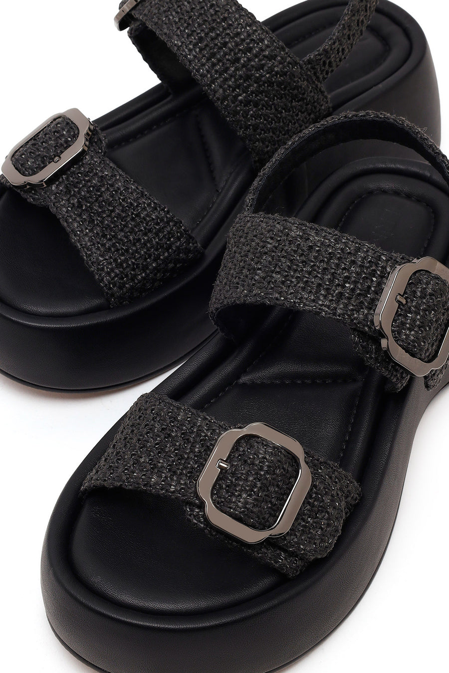 Women's Black Double Buckle Thick-Soled Braided Sandals