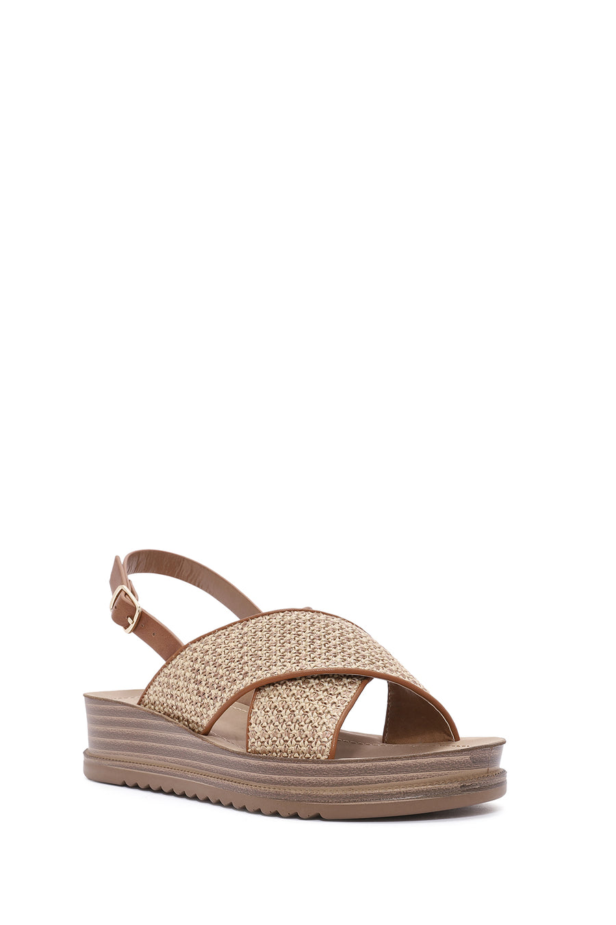 Women's Beige Back Buckle Thick Soled Straw Sandals