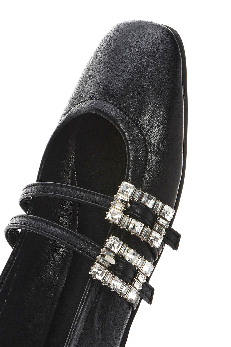 Women's Black Double Buckled Stoned Leather Ballerinas