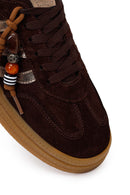 Woman Brown Lace-Up Charm Suede Leather Sneaker | Derimod