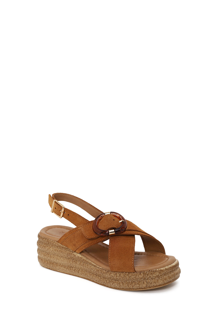 Woman Tan Buckled Wedge-Heel Suede Sandal