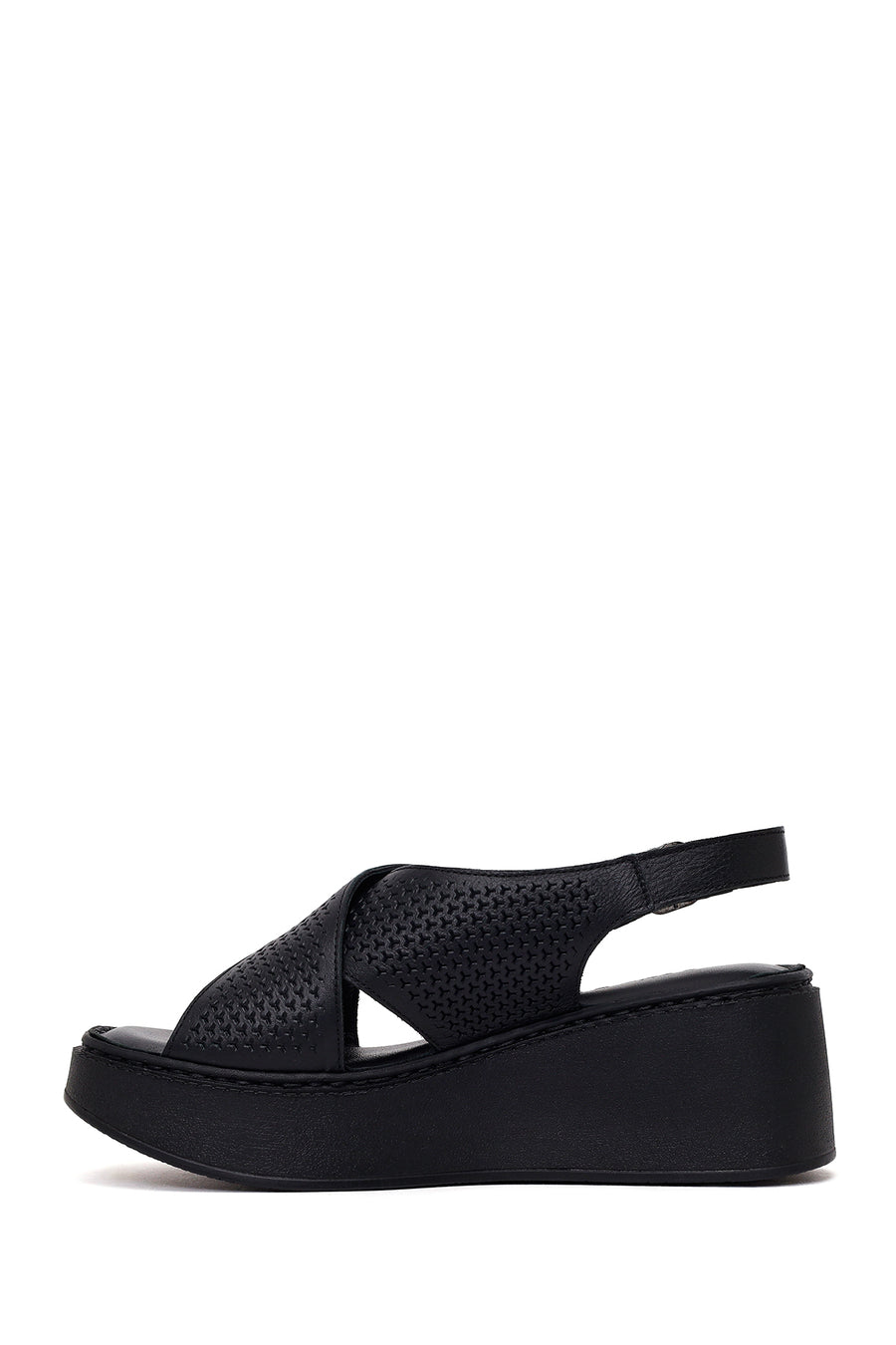 Woman Black Ankle-Buckle Wedge-Heel Leather Comfort Sandal