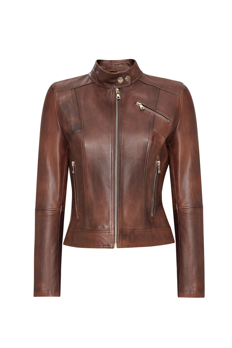 Kylie Women's Brown Mandarin Collar Leather Jacket