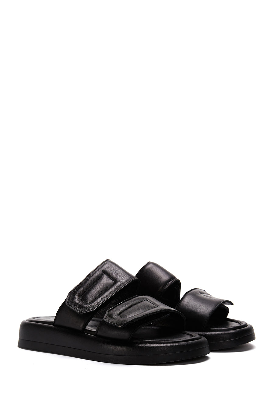 Women's Black Double-Strap Leather Slippers