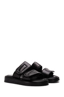 Women's Black Double-Striped Leather Comfort Slippers | Derimod