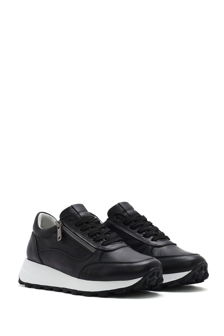 Kadın Siyah Bağcıklı Yandan Fermuarlı Deri Sneaker