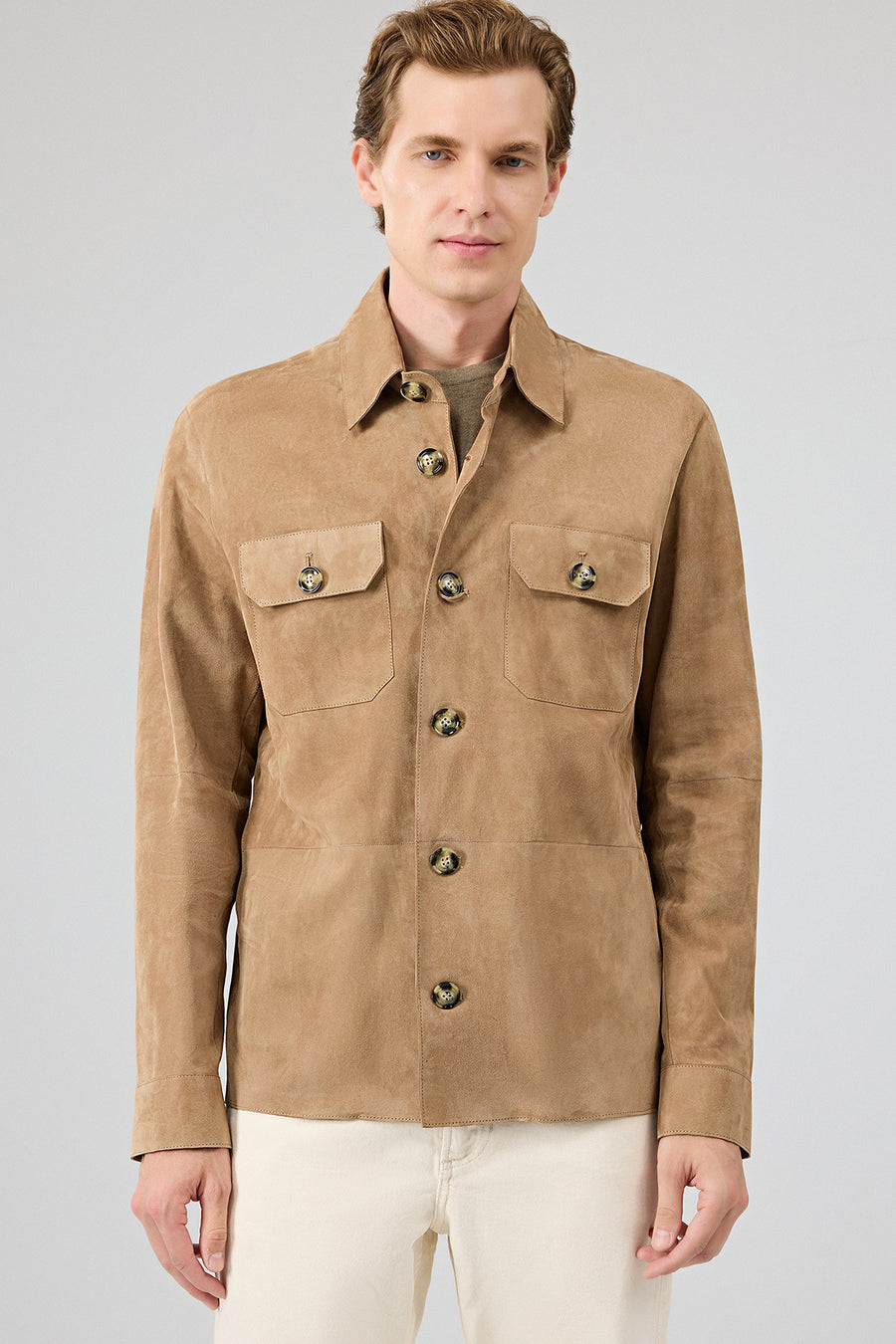 Osimhen Men's Beige Shirt Collar Suede Leather Jacket