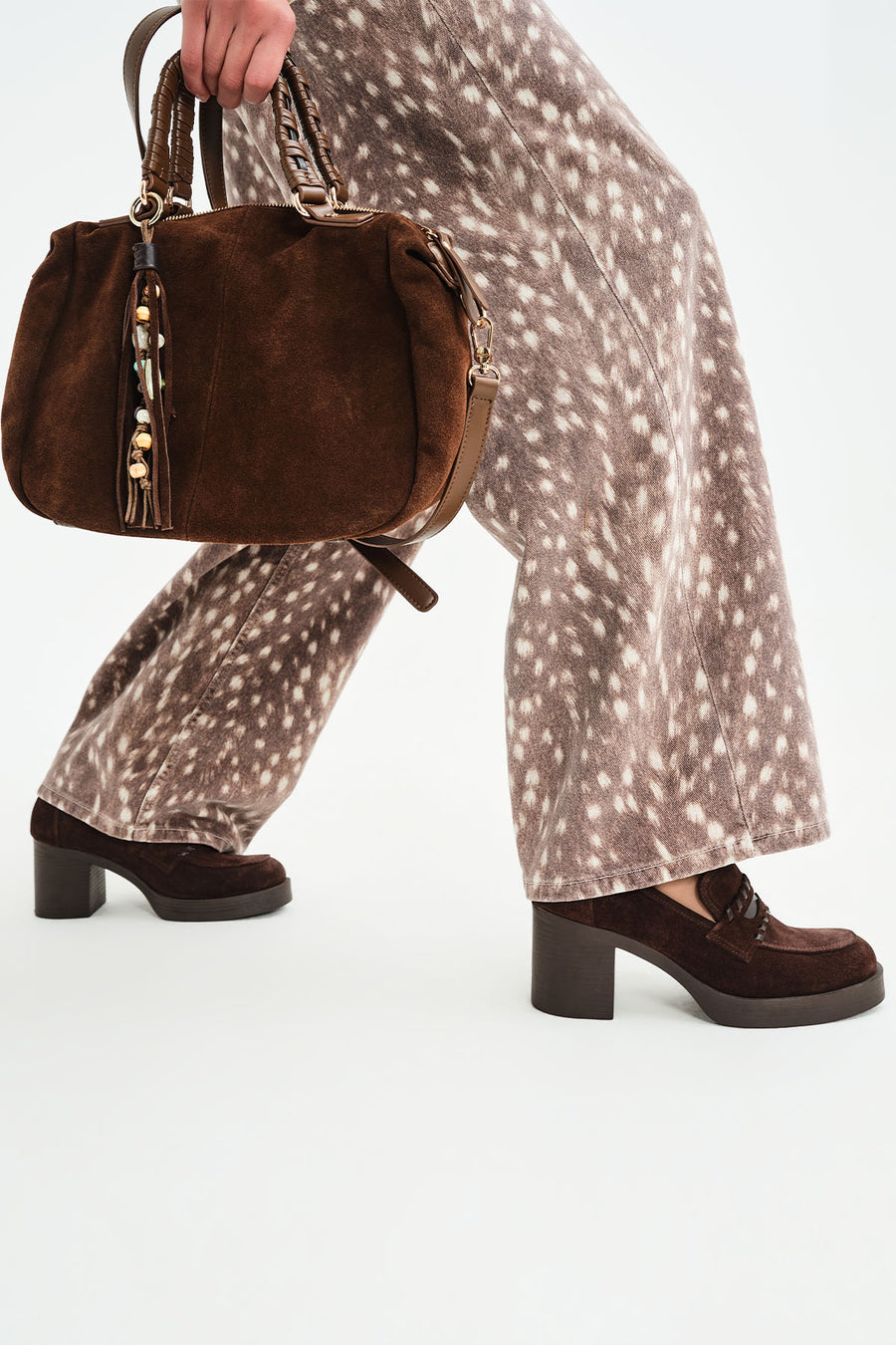 Woman Brown Chunky Heeled Suede Loafer