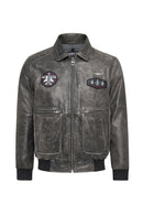 Hurricane Men's Grey Fur Collar Pilot Leather Jacket with Emblem | Derimod