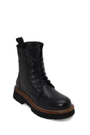 Woman Black Zip Closure Thick-Soled Leather Combat Boots | Derimod