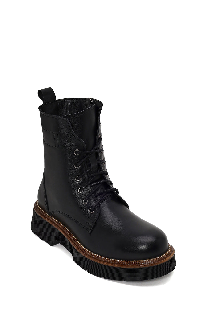Woman Black Zip Closure Thick-Soled Leather Combat Boots