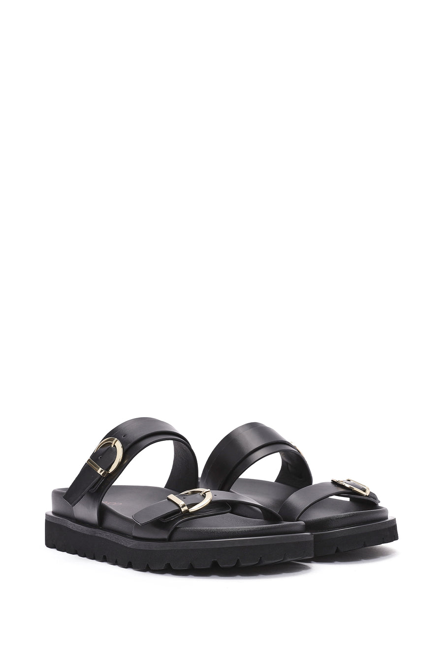 Women's Black Double Buckle Thick Soled Slippers