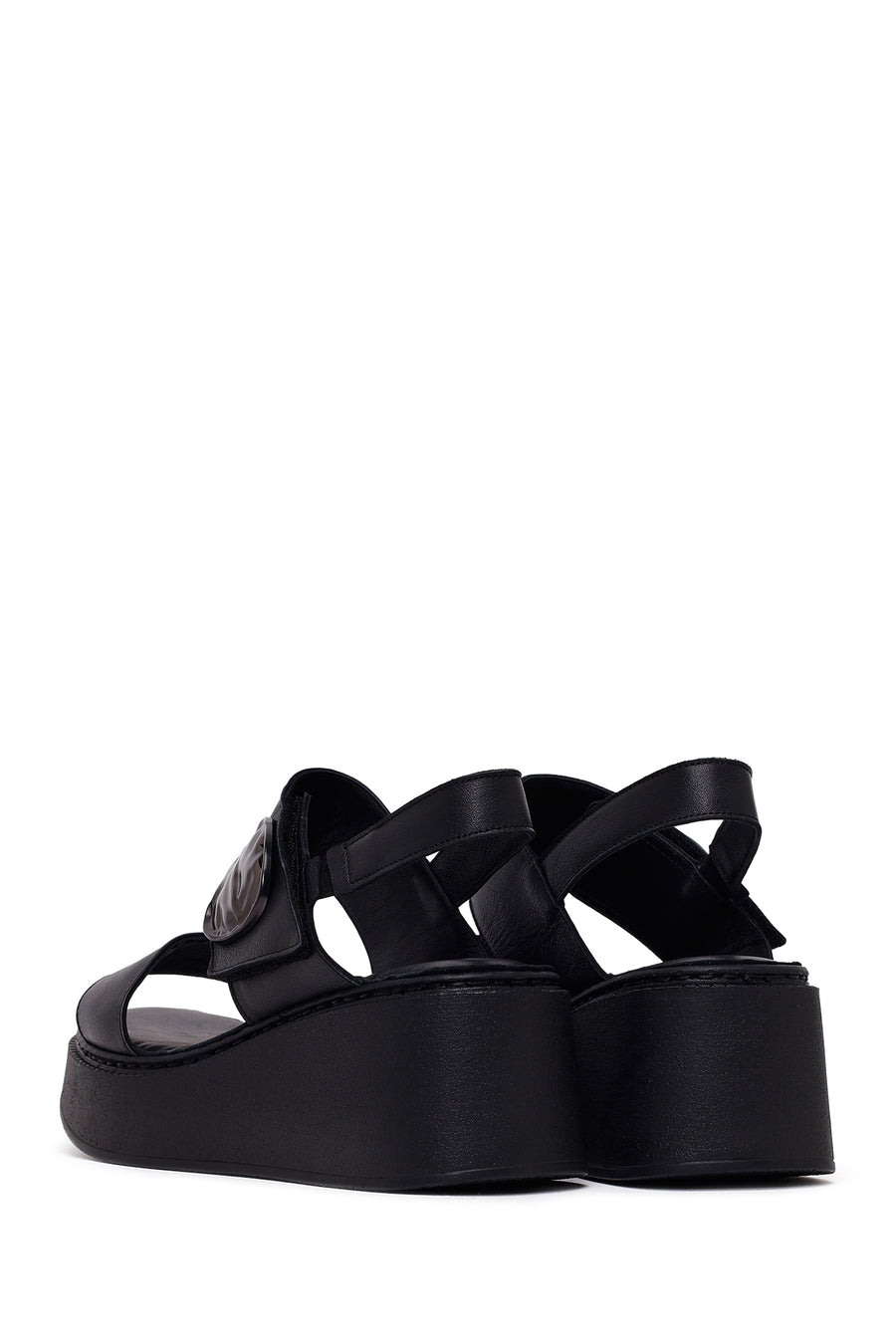 Women’s Black Strappy Wedge Leather Comfort Sandals