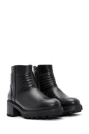 Women's Black Zippered Thick Heeled Leather Boots | Derimod