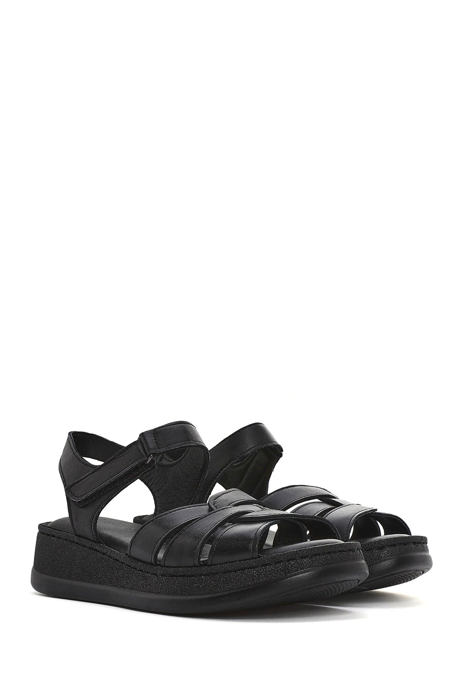 Women's Black Ankle Strap Chunky Sole Leather Comfort Sandals