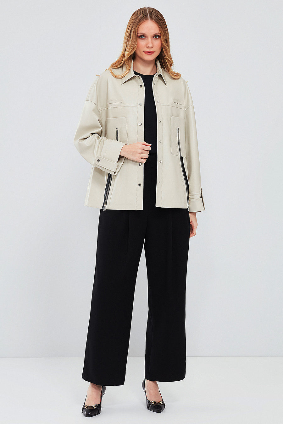 Farrah Women's Beige Oversize Leather Jacket
