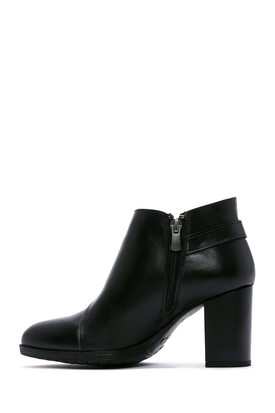 Women's Black Zippered Buckle Detailed Thick Heeled Boots