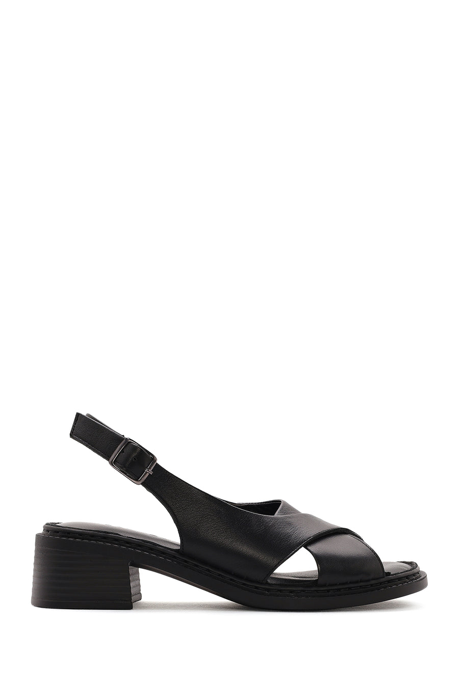 Women's Black Ankle Buckle Low Heel Leather Sandals 25SFD342818 | Derimod