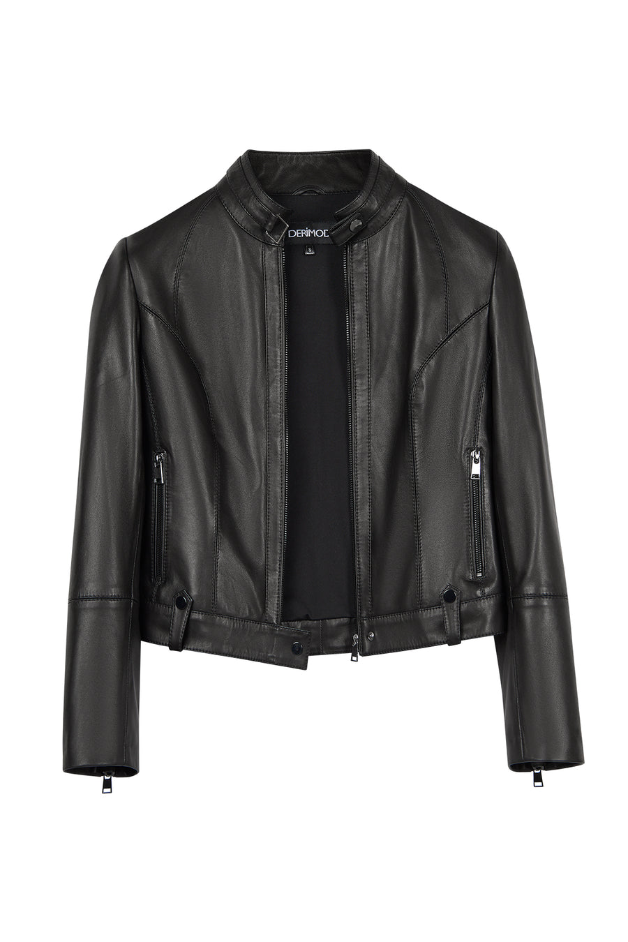 Maya Woman Black Mandarin Collar Leather Jacket