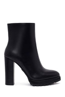 Woman Black Zip Closure High Thick-Heeled Leather Boots | Derimod