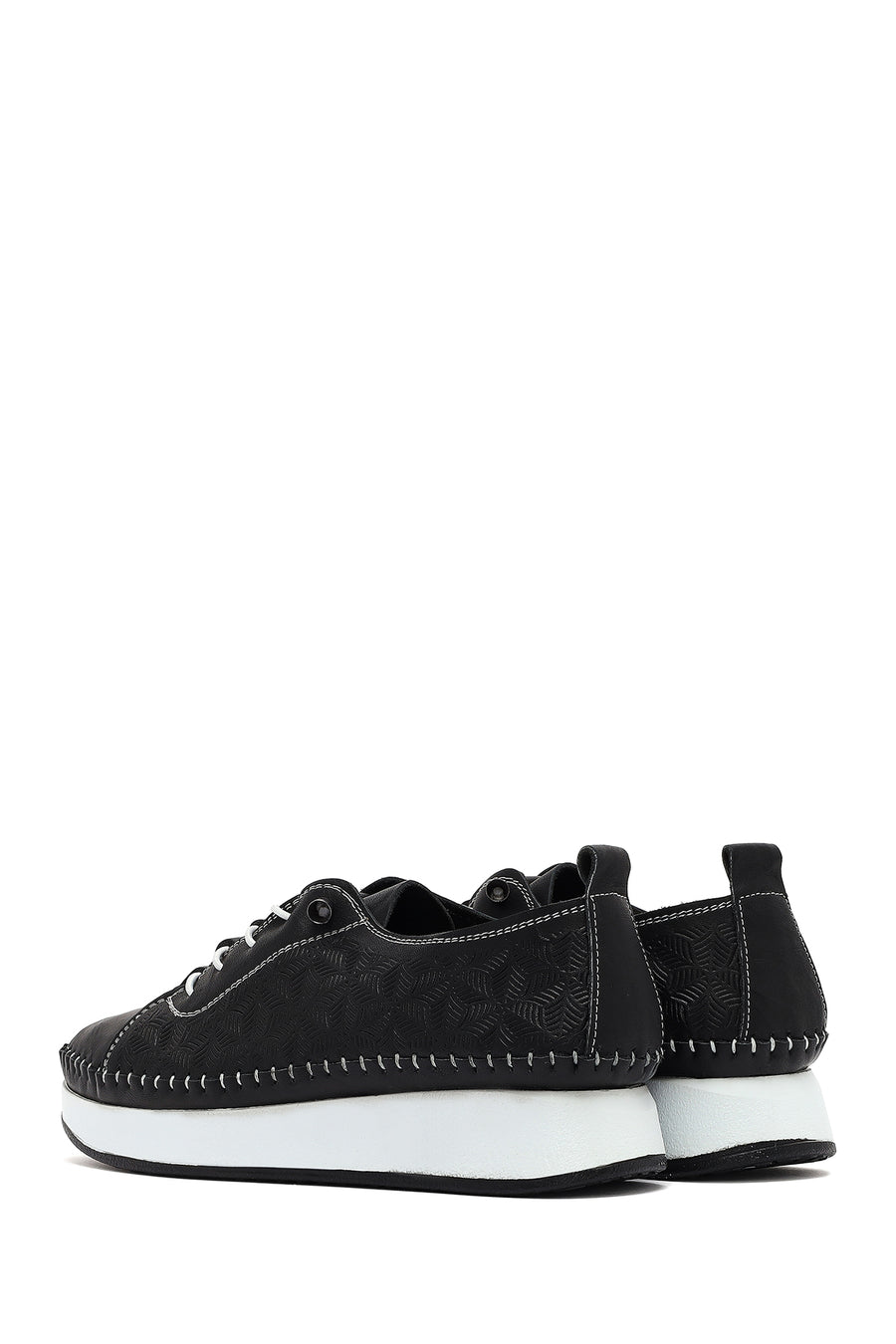 Women's Black Lace-Up Thick-Soled Patterned Leather Comfort Shoes