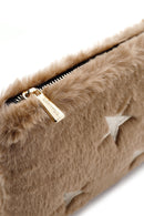 Women's Beige Long Chain Strap Star Pattern Plush Clutch Bag | Derimod