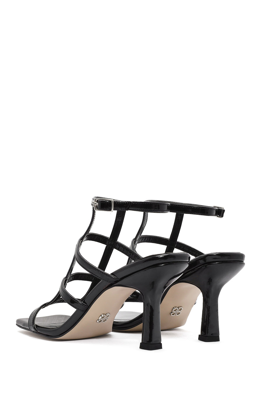 Women's Black Ankle Buckle Thin Heel Patent Leather Sandals