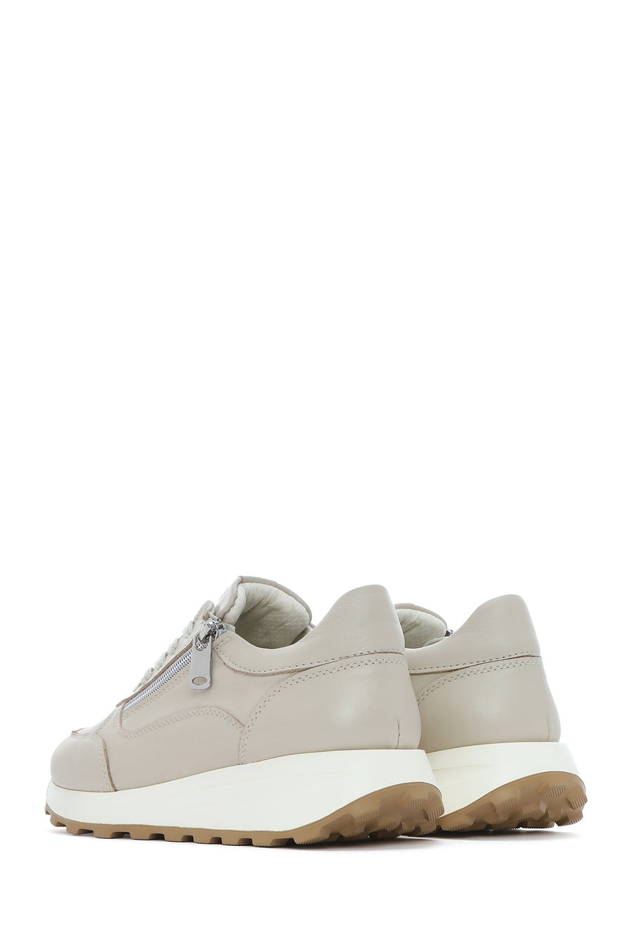Women's Beige Lace-Up Side Zip Leather Sneakers