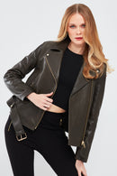 Melody Women's Green Biker Leather Jacket | Derimod