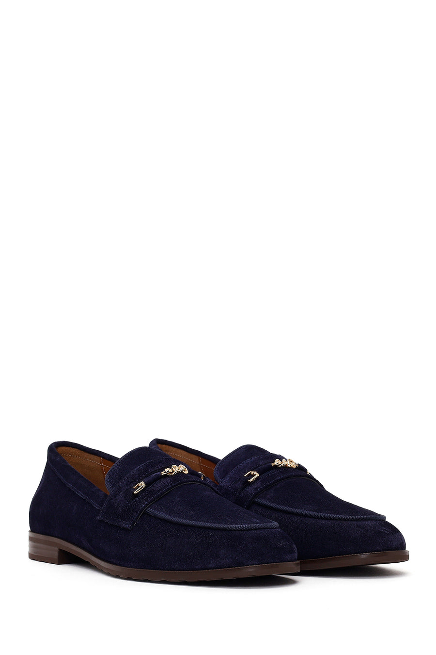 Woman Navy Buckled Suede Masculine Loafer