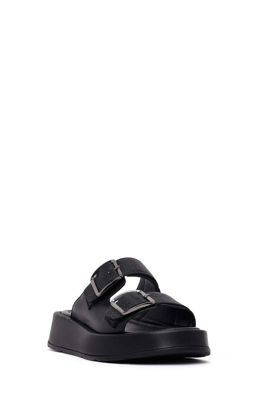 Woman Black Double-Buckle Thick-Soled Leather Comfort Slippers