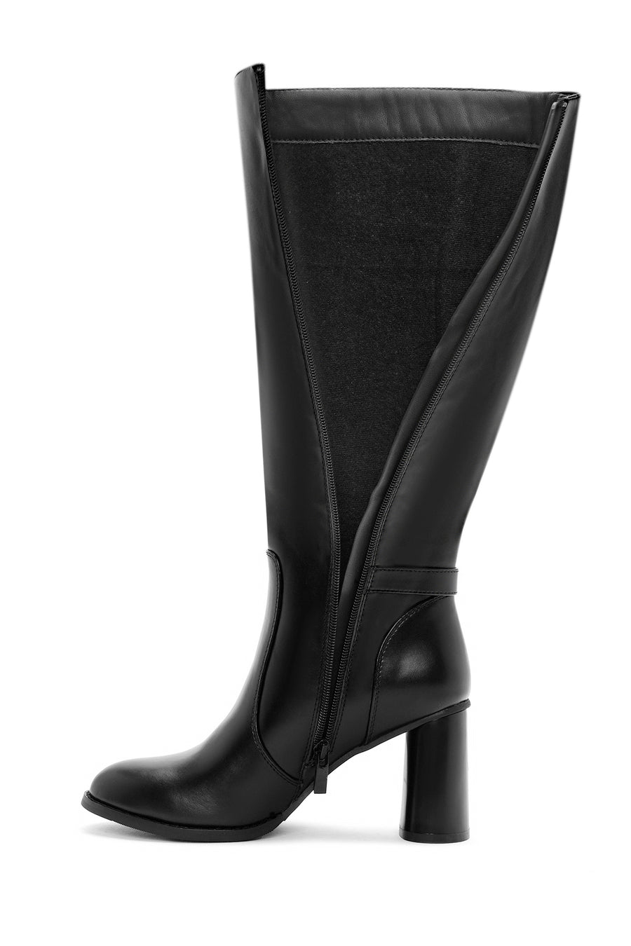 Women's Black Zippered Chunky High Heel Boots