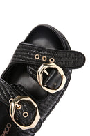 Women's Black Double Buckle Straw Slippers | Derimod